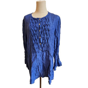 Italian 100% Linen Smocked Tiered Long Sleeve Shirt Top Tunic Royal Blue XL Larg